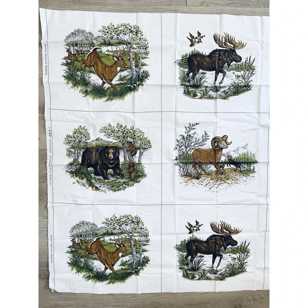 Cranston Fabric Ivory Panels Native American Wildlife Moose Bear Buffalo 37 x 45